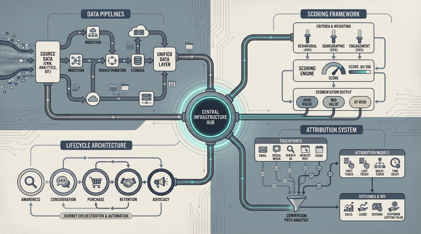 Marketing Infrastructure Illustration showing data pipelines, scoring frameworks, lifecycle architecture, and attribution systems