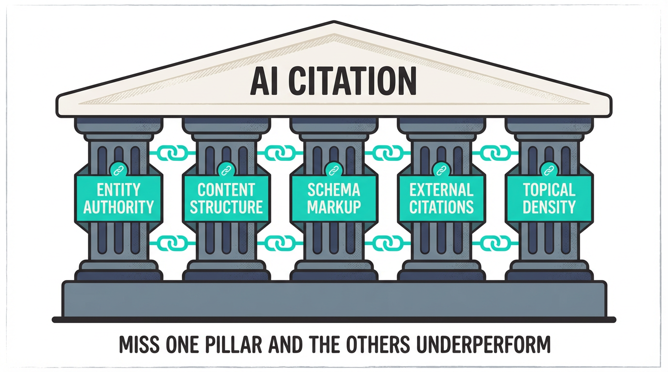 The five components of AEO — entity authority, content structure, schema markup, external citations, and topical density