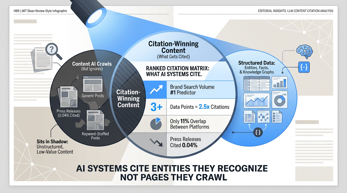 LLM citation patterns: what actually gets cited — brand authority, structured data, and original research win while press releases and keyword stuffing are invisible
