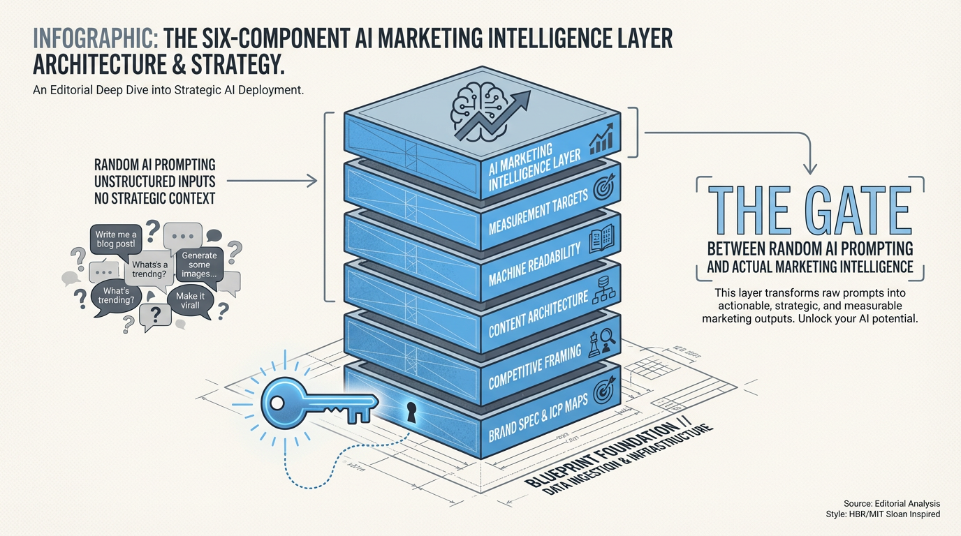 Intelligence Layer architecture — six encoded components forming the shared operating context for AI agents