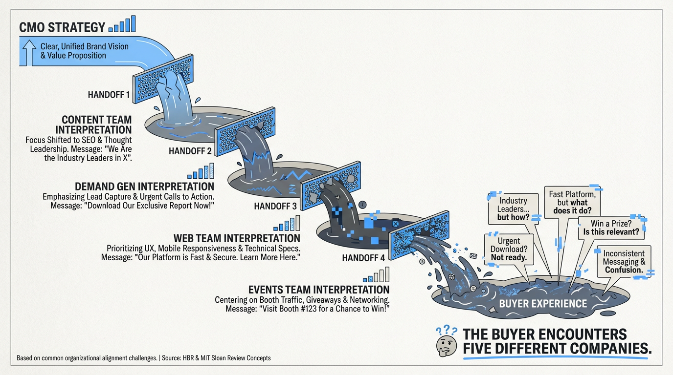 Cascading waterfall diagram showing how marketing strategy degrades through organizational handoffs — from CMO strategy through content, demand gen, web, and events teams — until the buyer encounters five different companies