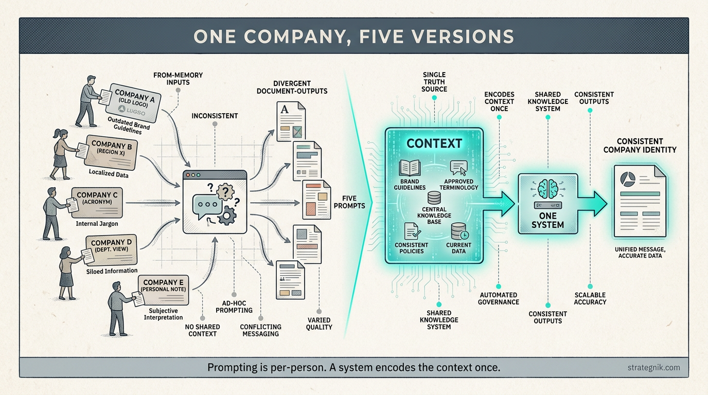 Five people each prompt ChatGPT with a slightly different version of the company, producing inconsistent output; one shared context produces one consistent identity