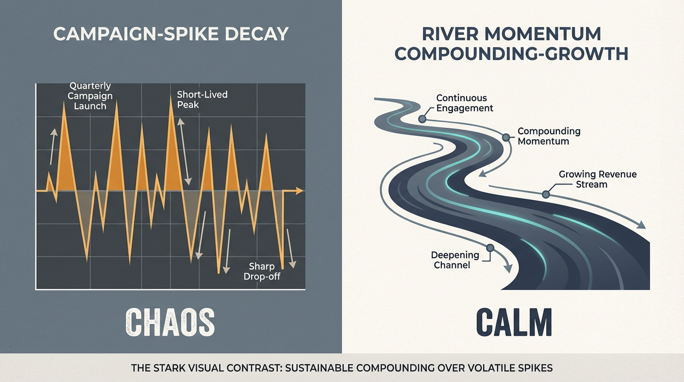 Campaign spikes vs. rivers of predictable impact — the operating model shift from volatile campaigns to compounding momentum