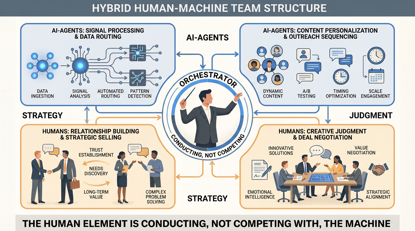 Human-machine team design — the orchestrator directs AI agents handling data, personalization, and outreach while humans own relationships and strategy