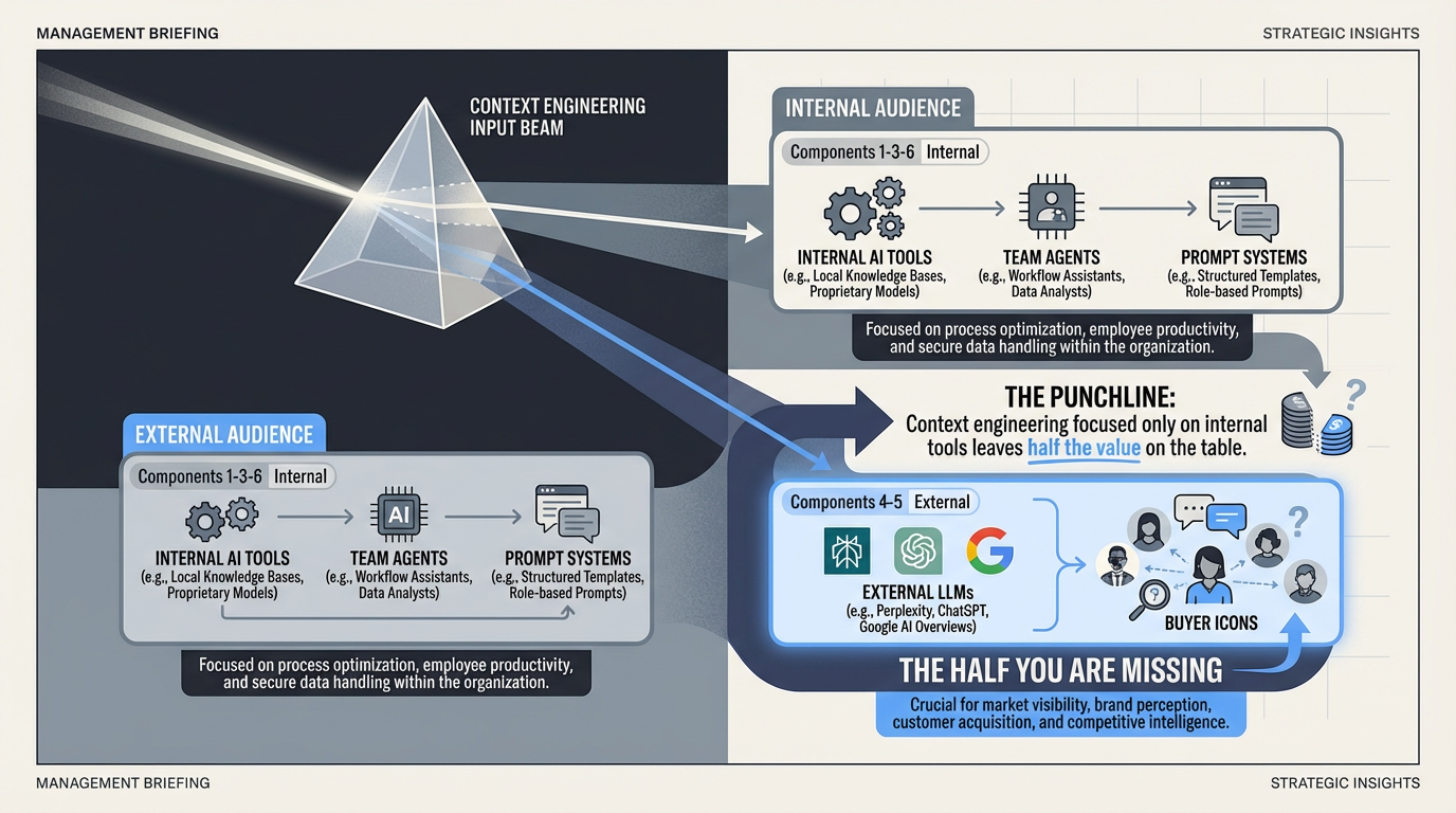The dual audience split — internal AI tools and external answer engines both need structured context