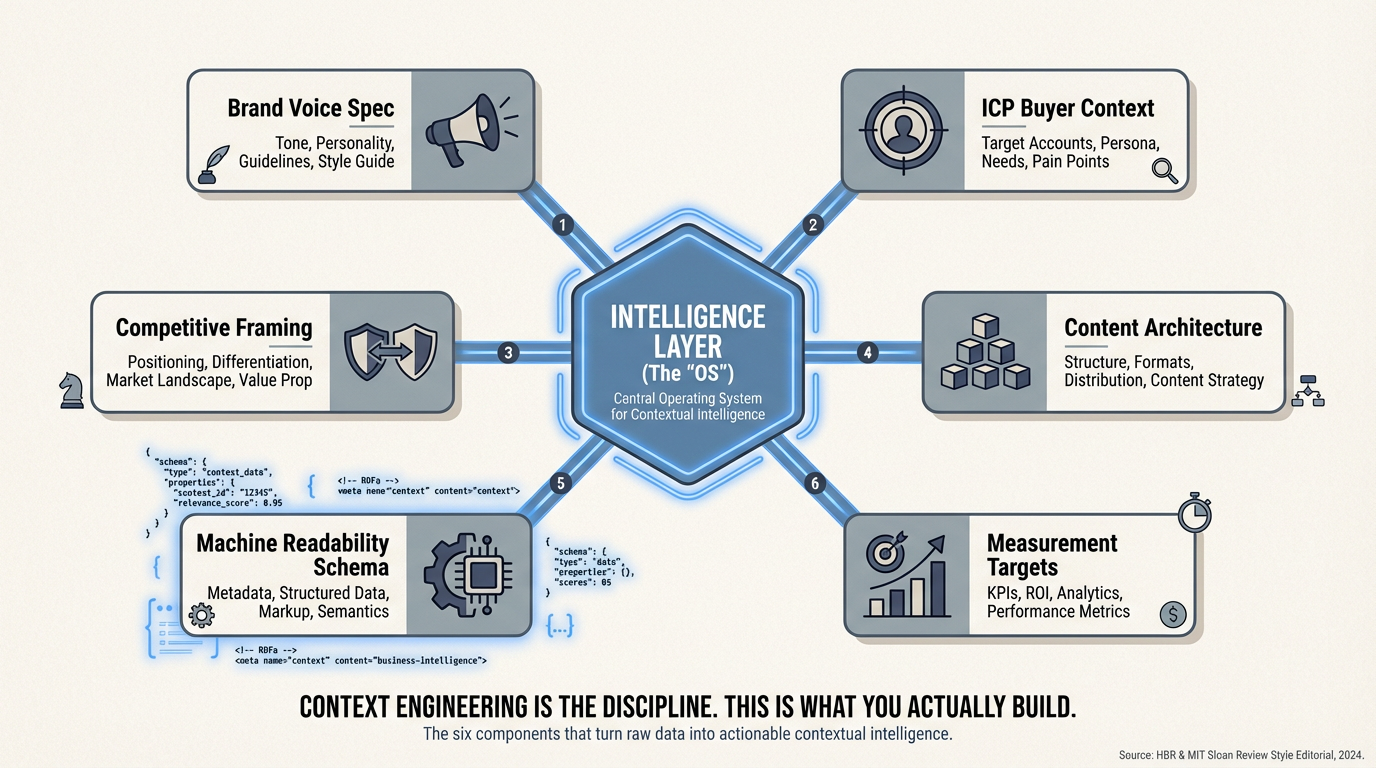 Intelligence Layer architecture — six components forming the operational system context engineering calls for