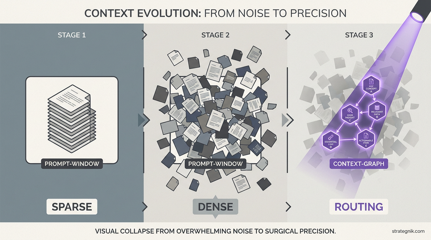 Three-stage progression diagram showing context evolution — from a sparse stack of documents fitting in one prompt, to an exploding cloud of fragments overflowing the prompt boundary, to a routing beam cutting through noise to illuminate only the relevant nodes