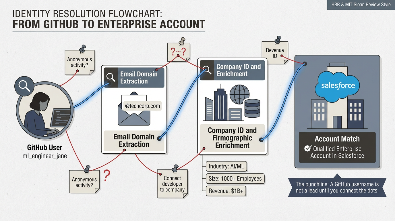 Identity resolution flowchart tracing a GitHub username through email domain extraction, company identification, and firmographic enrichment to a matched Salesforce account