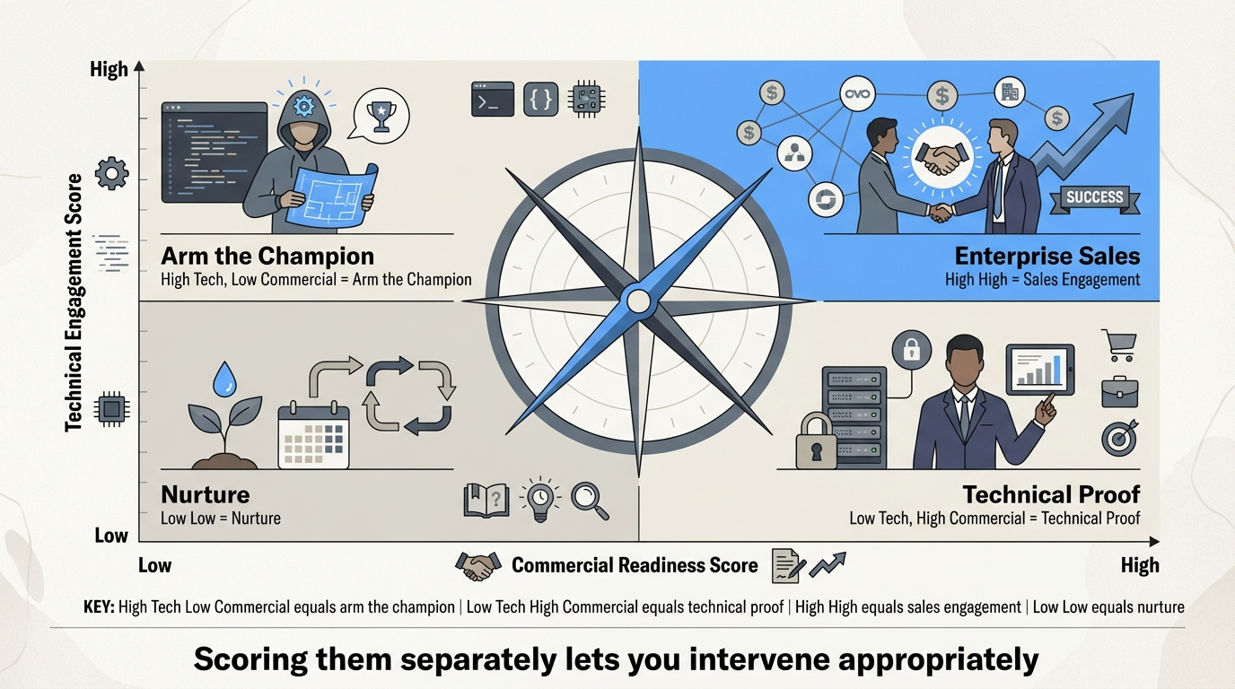 Dual-track scoring matrix with technical engagement on one axis and commercial readiness on the other, showing four quadrants: arm the champion, technical proof, enterprise sales, and nurture