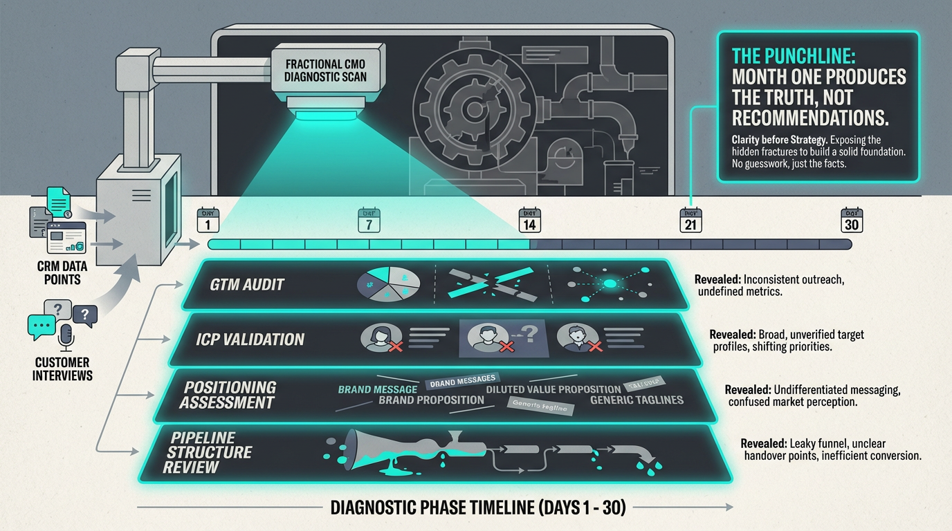 The diagnostic phase — days 1 through 30 focused on listening, auditing, and mapping the GTM system