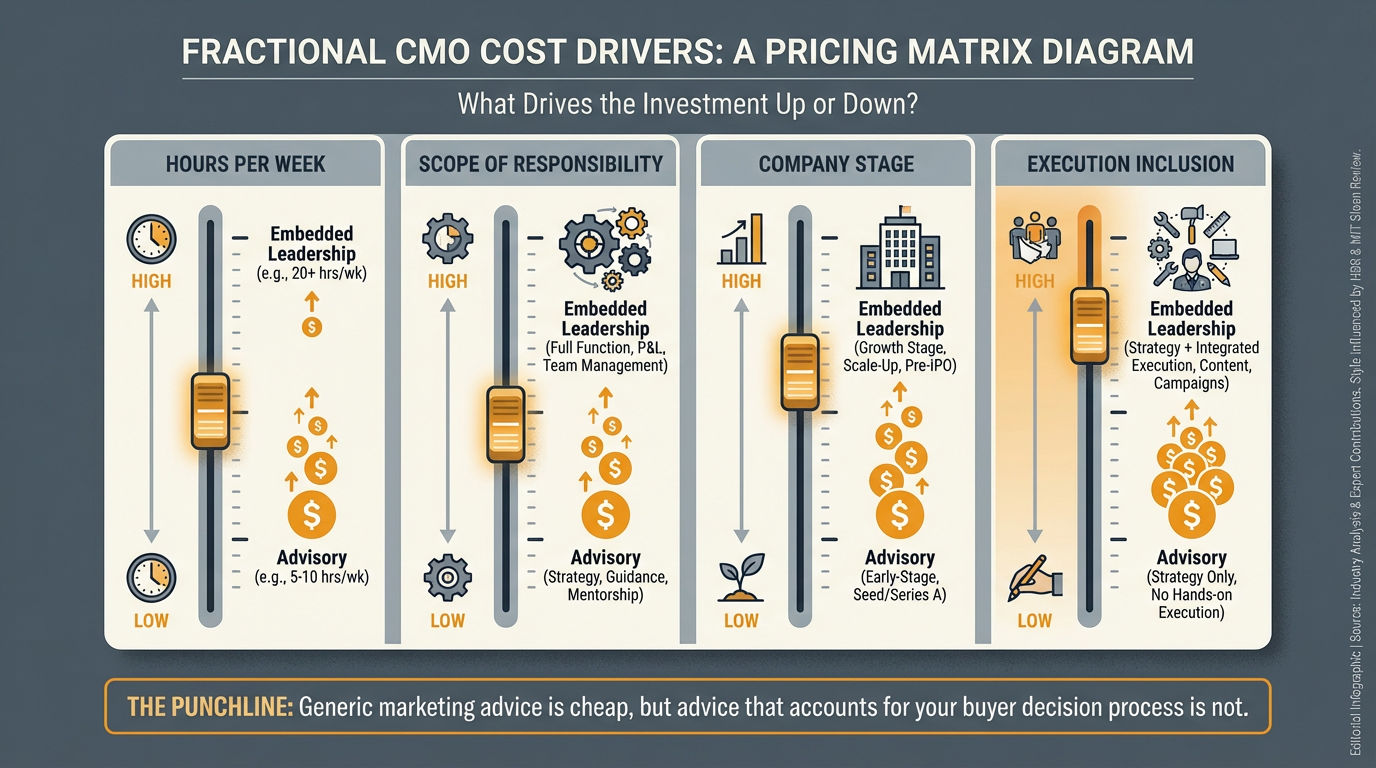 The four levers that drive fractional CMO pricing — hours, scope, stage, and execution inclusion