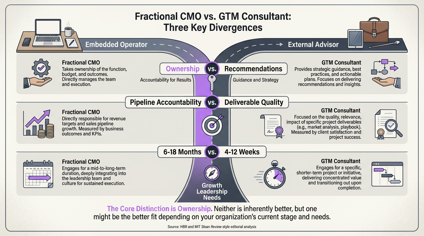 Where a fractional CMO and GTM consultant diverge — ownership, accountability, and duration