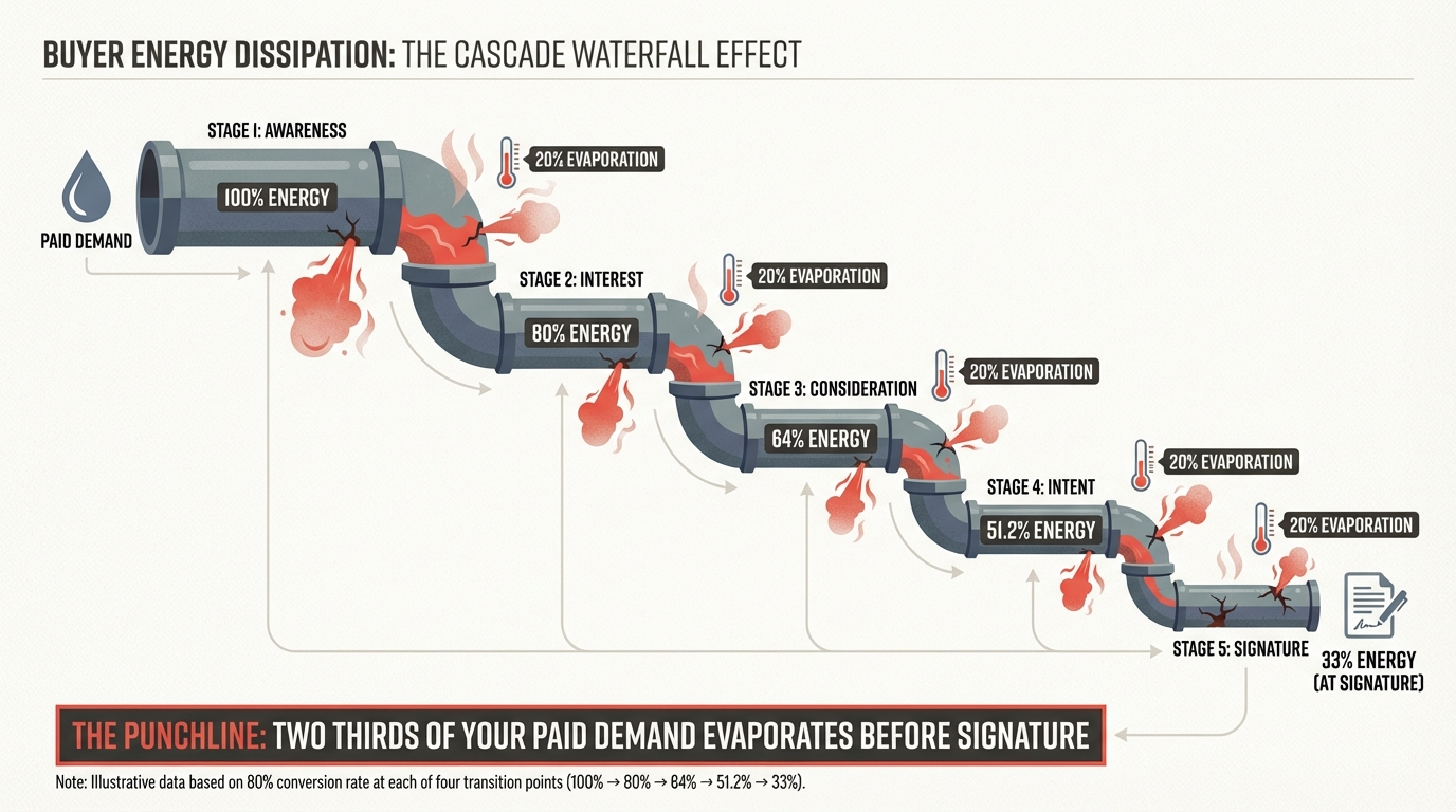 Friction as an energy loss cascade — demand generated at the top dissipating through each funnel stage
