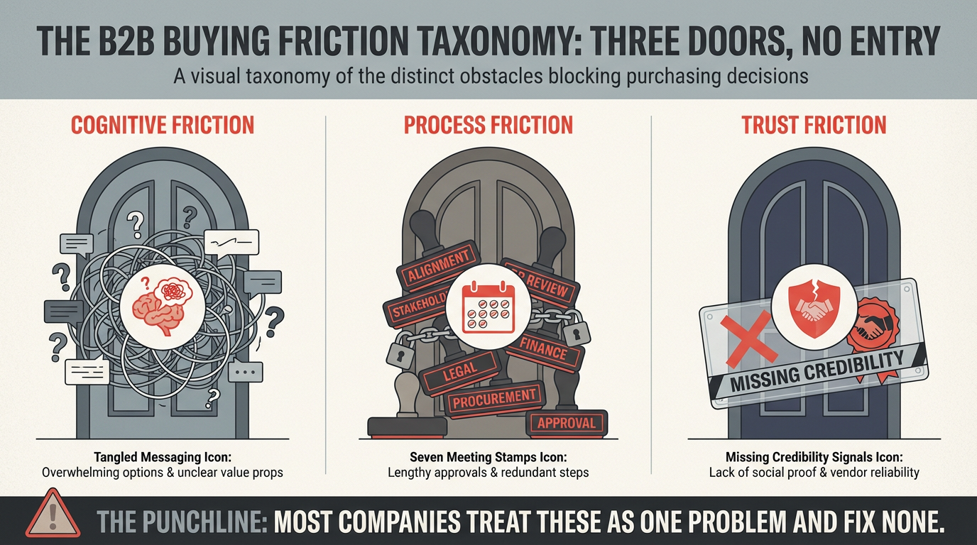 Three types of friction — cognitive, process, and trust — each requiring different fixes