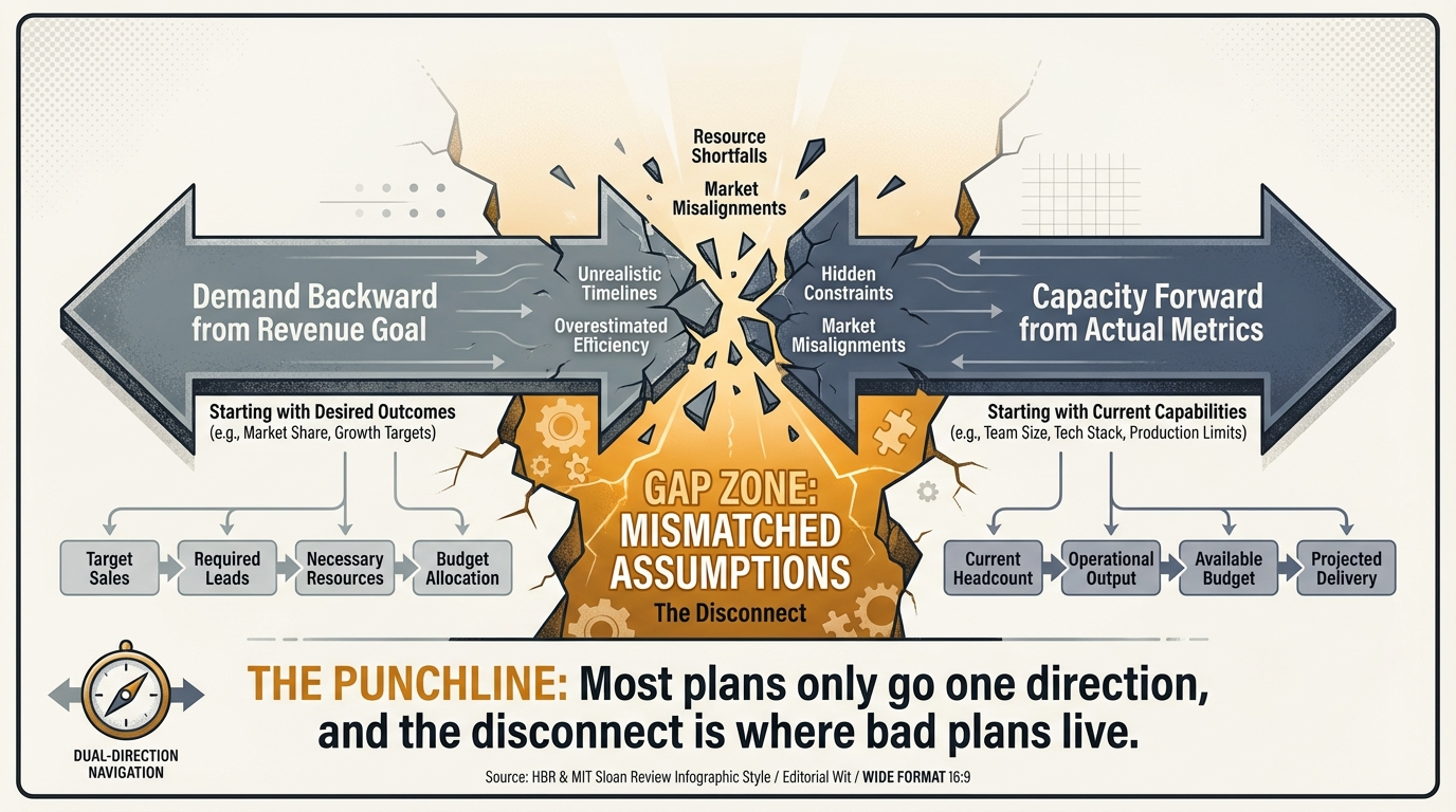 The dual-direction gap — demand-backward targets versus capacity-forward reality