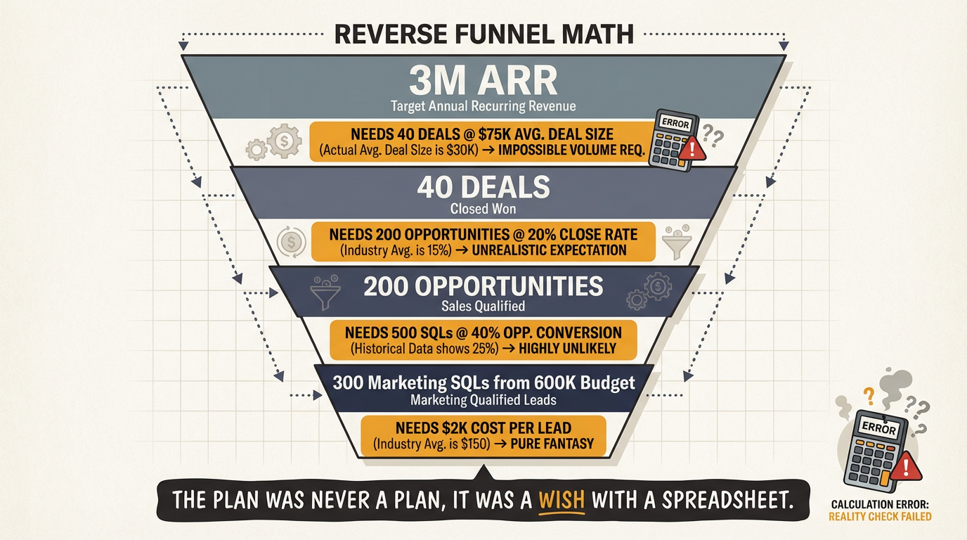 Reverse waterfall — working backward from revenue target through each conversion stage to required volume
