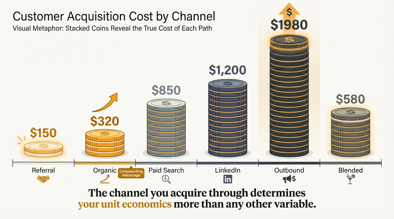 Customer acquisition cost by channel — referrals at $150 to outbound at $1,980, showing why channel mix determines unit economics