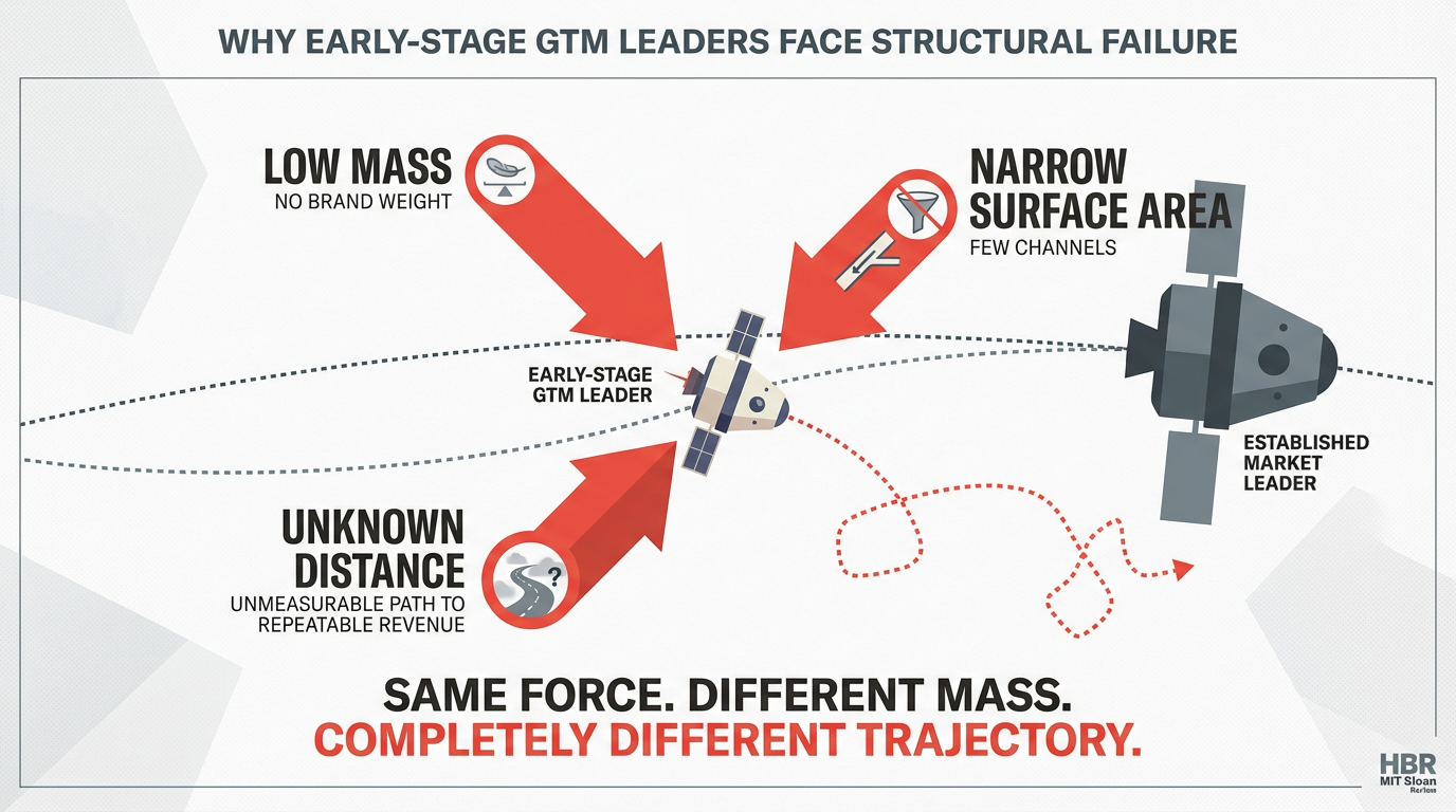 Force diagram showing three physics vectors acting on an early-stage GTM system — low mass, narrow surface area, and unknown distance to repeatable revenue — producing erratic trajectories compared to mature companies