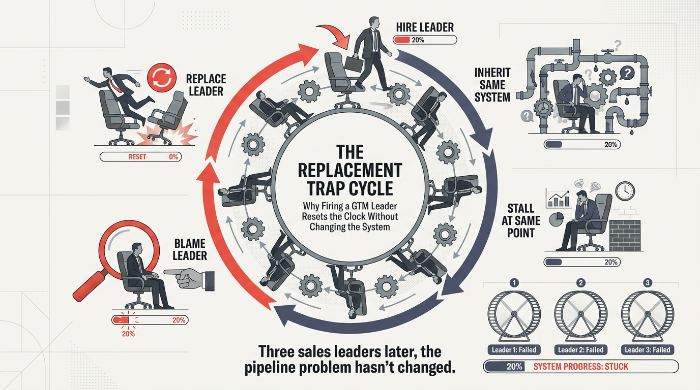 Circular loop diagram showing the replacement trap — hire leader, inherit same system, stall at same point, blame leader, replace leader, repeat — with the pipeline problem unchanged each cycle