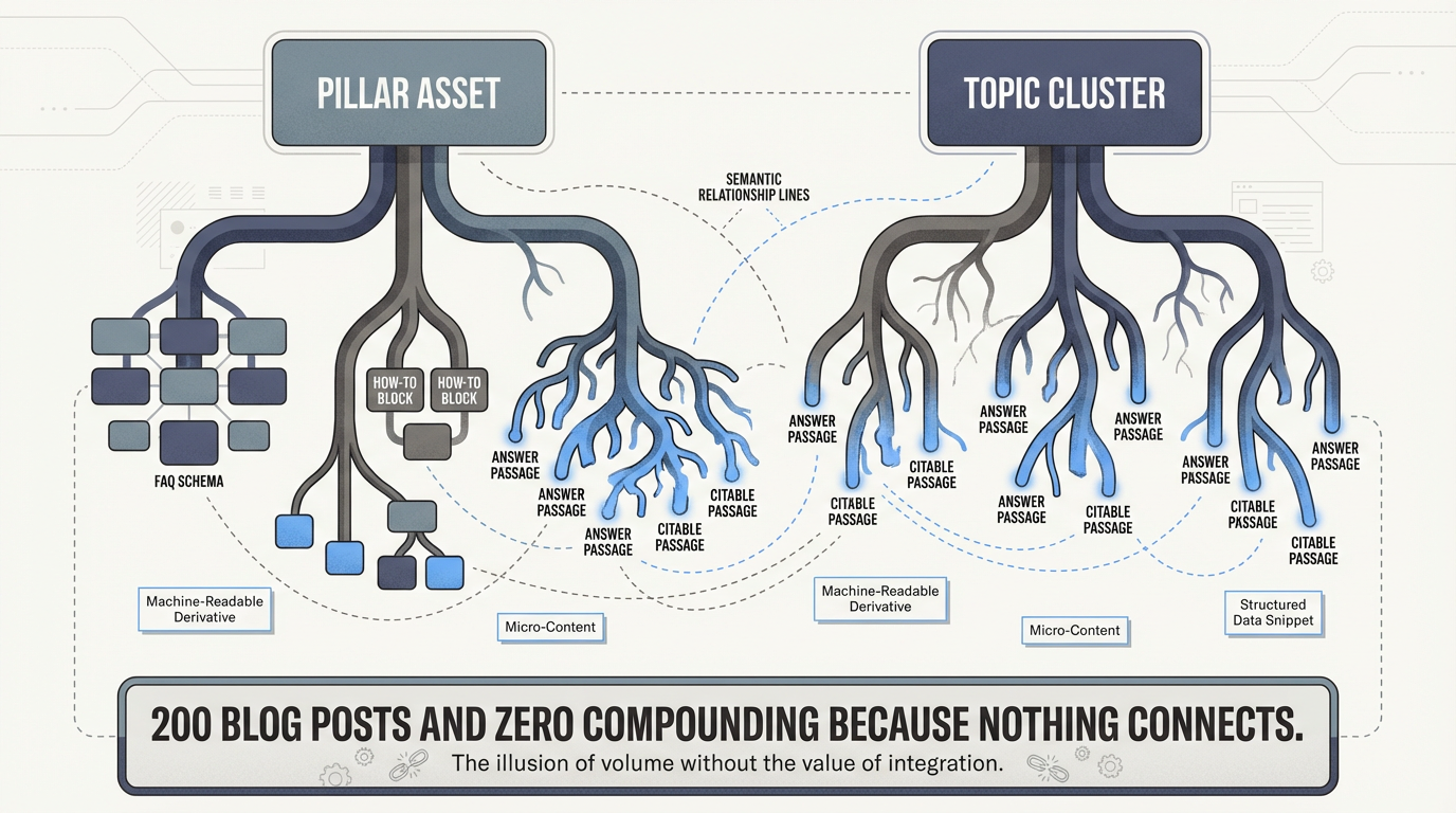 Hierarchical tree diagram showing content architecture — pillar assets branching into topic clusters, then atomizing into FAQ schema, how-to blocks, and citable answer passages connected by semantic relationship lines