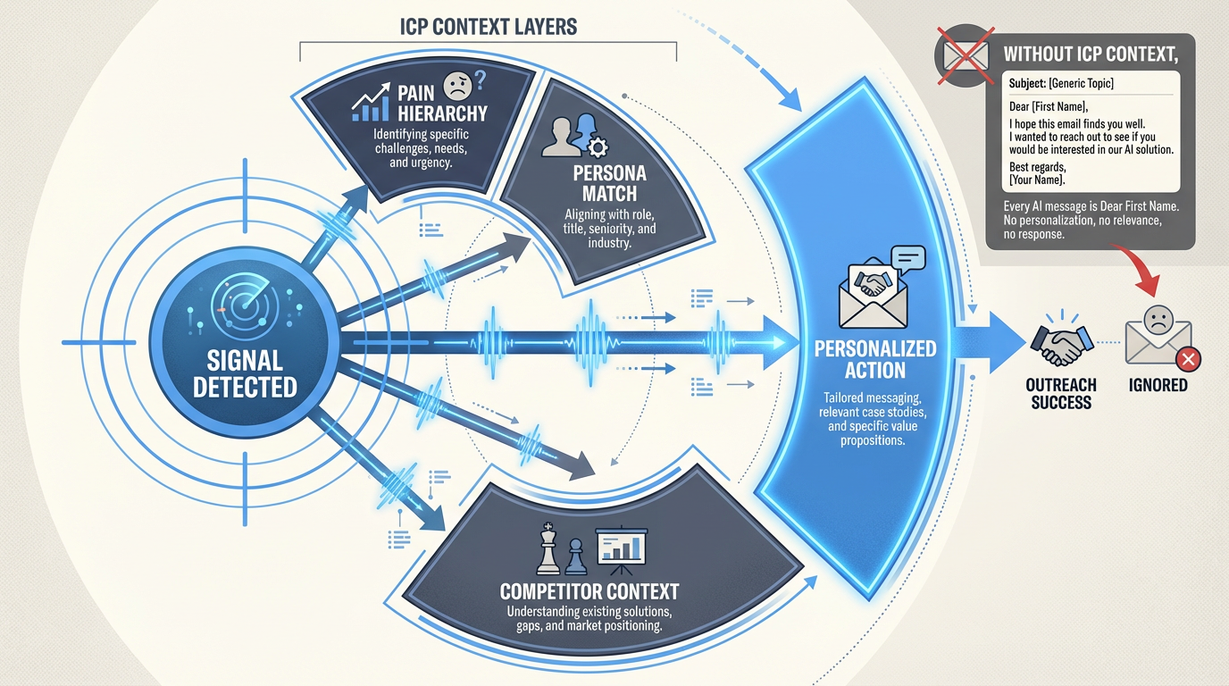 Hub-and-spoke diagram showing how a buyer signal flows through ICP context layers — persona match, pain hierarchy, competitor context — to produce personalized outreach instead of generic messages