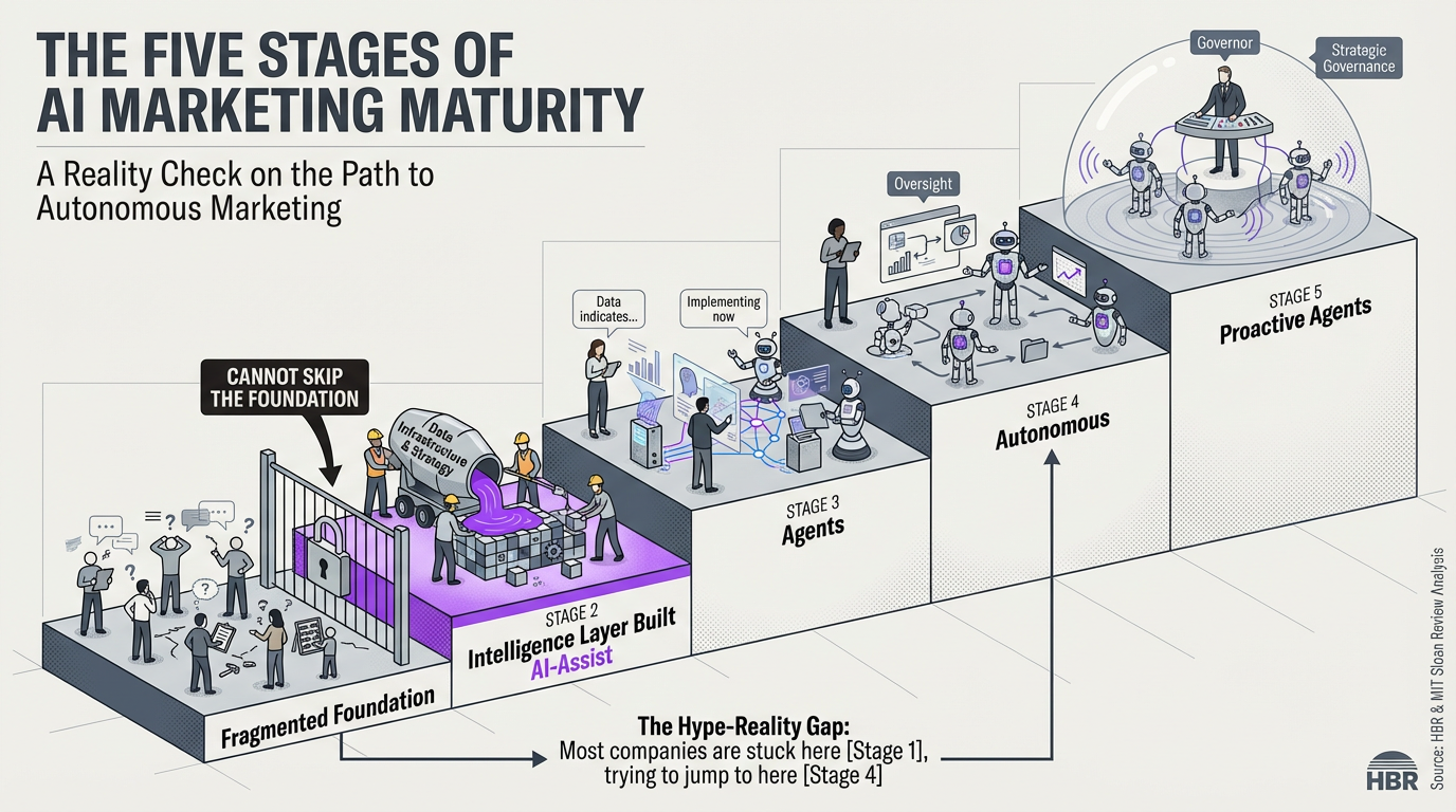 Five stages of AI marketing maturity — from fragmented humans at stage 1, through Intelligence Layer built at stage 2, to humans plus AI, humans plus agents, and fully proactive agents at stage 5.