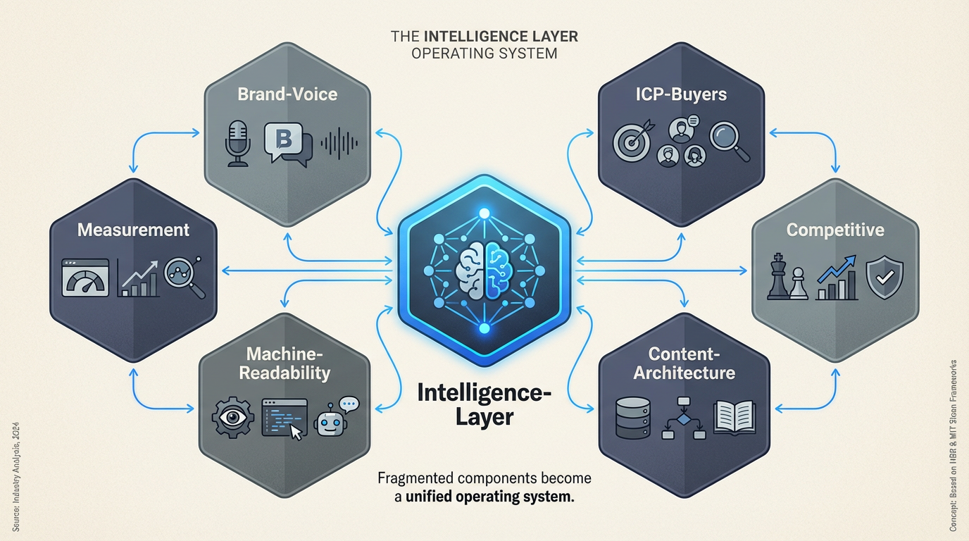 Six components of the Intelligence Layer arranged in a honeycomb architecture