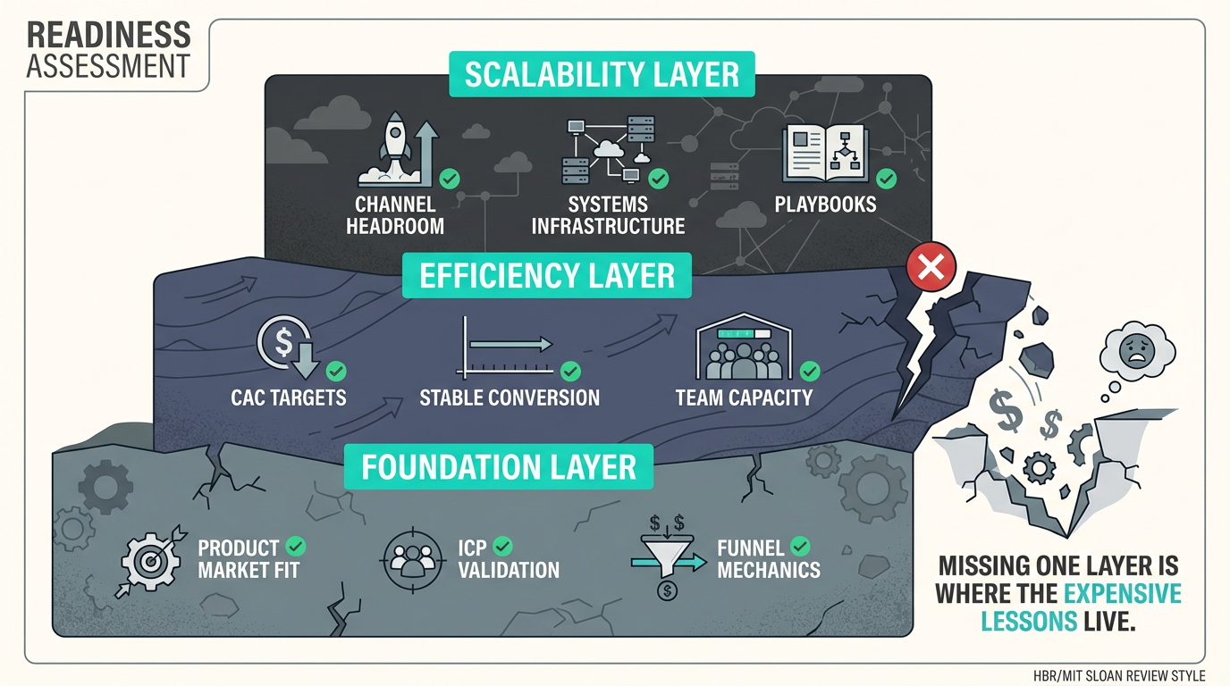 Three-layer readiness model — foundation, efficiency, and scalability must all be present before scaling