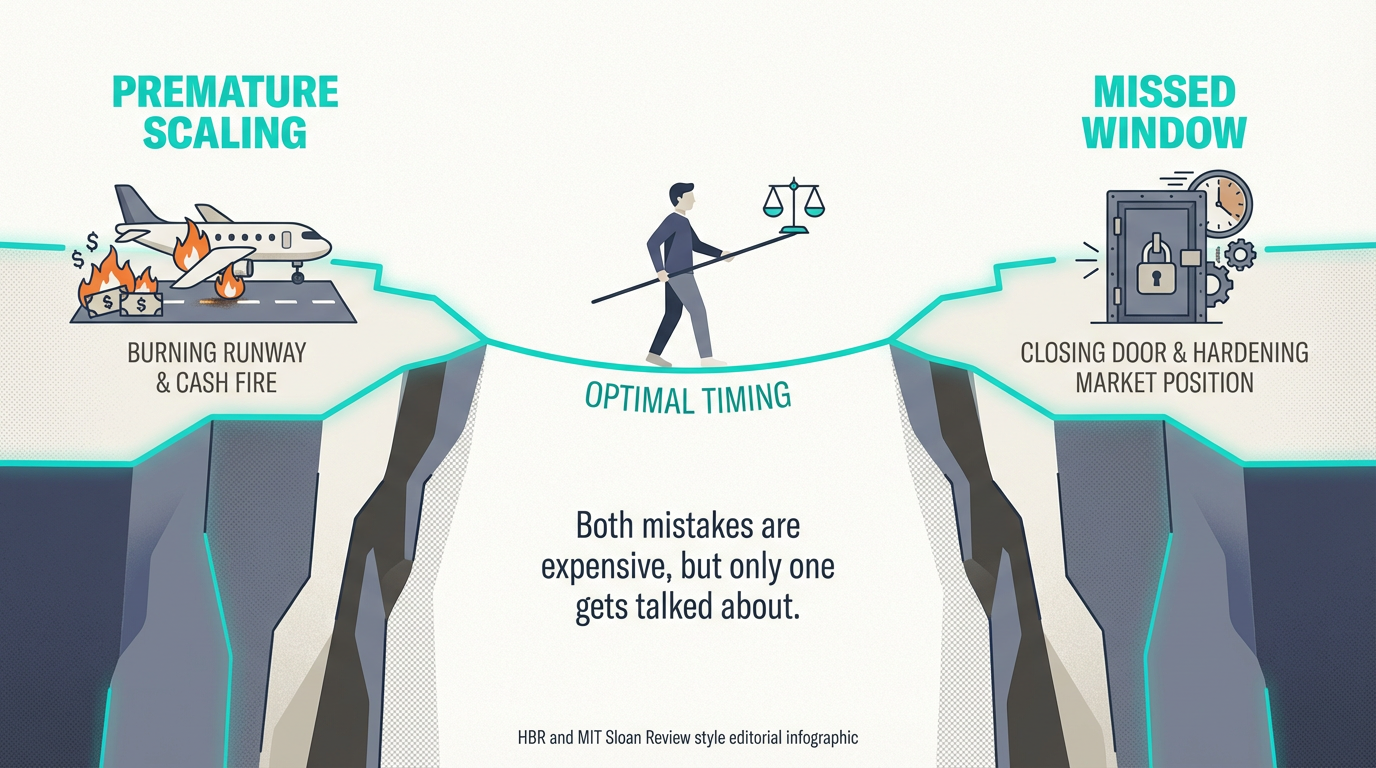 Two failure modes — premature scaling burns cash while scaling too late cedes market position