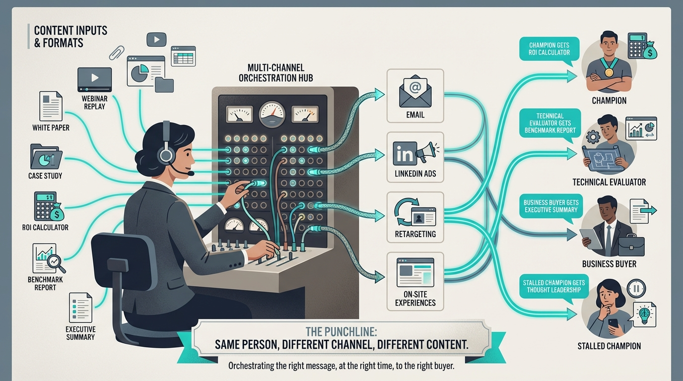 Multi-channel orchestration diagram showing different content types routed through email, LinkedIn ads, retargeting, and on-site experiences to match each buyer archetype