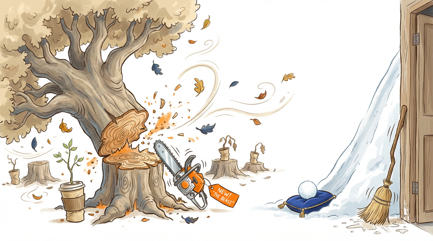 A falling tree illustrating how momentum, once lost, requires far more energy to rebuild