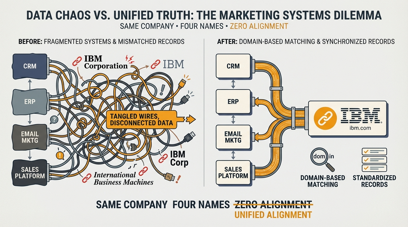 Before-and-after comparison showing four marketing systems with mismatched data records being cleaned through domain-based matching and standardization into aligned records