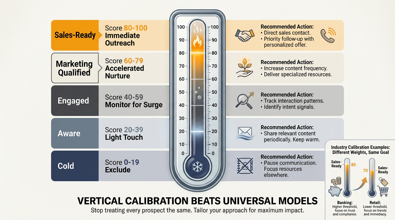 Propensity score gauge showing five tiers from 0 to 100 with corresponding sales actions, plus vertical calibration adjustments for banking and retail segments