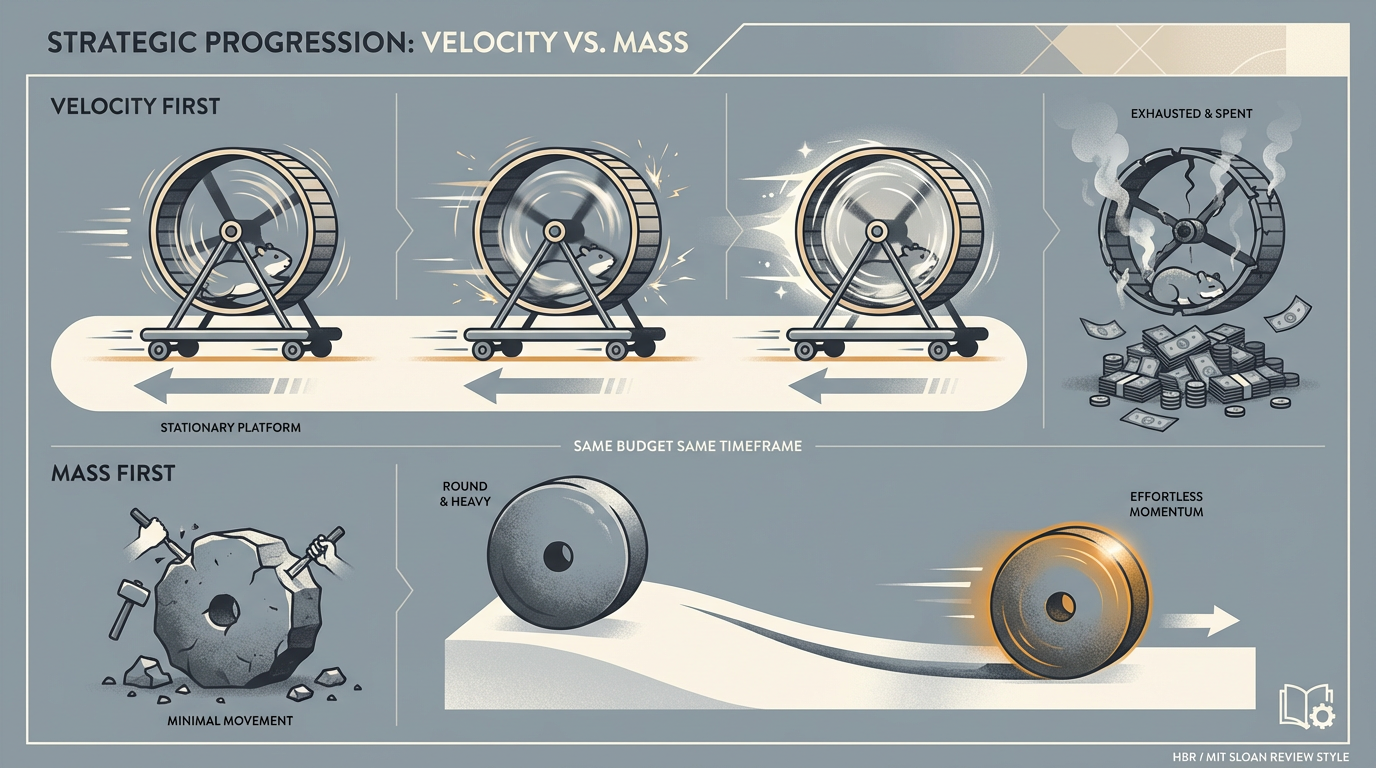 Strategic Progression: Velocity vs. Mass - Velocity first leads to exhaustion and spent resources while mass first builds effortless momentum